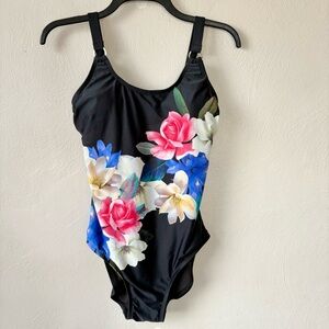 🎁5/$25 Calvin Klein Black Floral Print One Piece Full Coverage Swimsu…